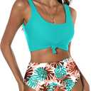 ZAFUL Women's High Waisted Swimsuit Scoop Neck Textured Floral Bikini Set 2 Piece Bathing Suit (S)