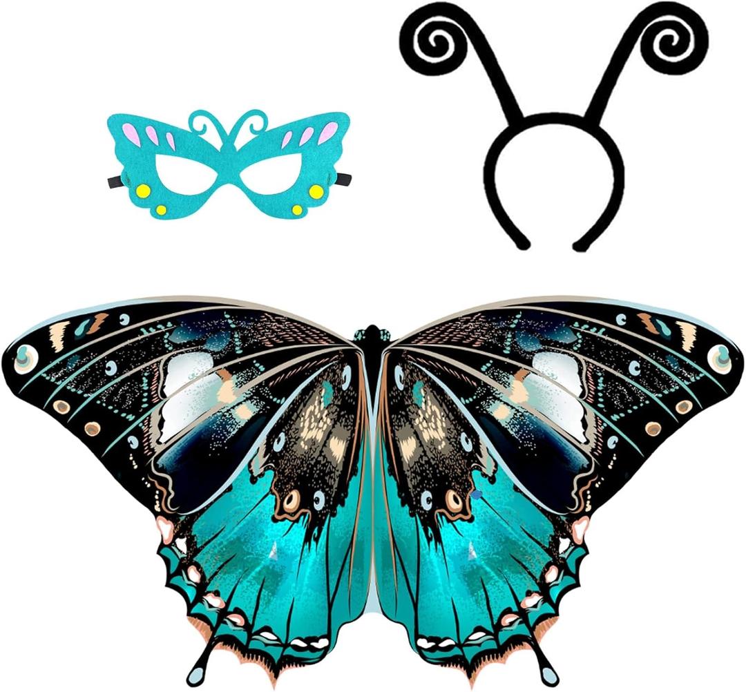 Kids Butterfly-Wings Costume for Girls Fairy-Wings Toddler-Dress-Up Headband-Mask Butterfly Toys Christmas Gifts (Blue)