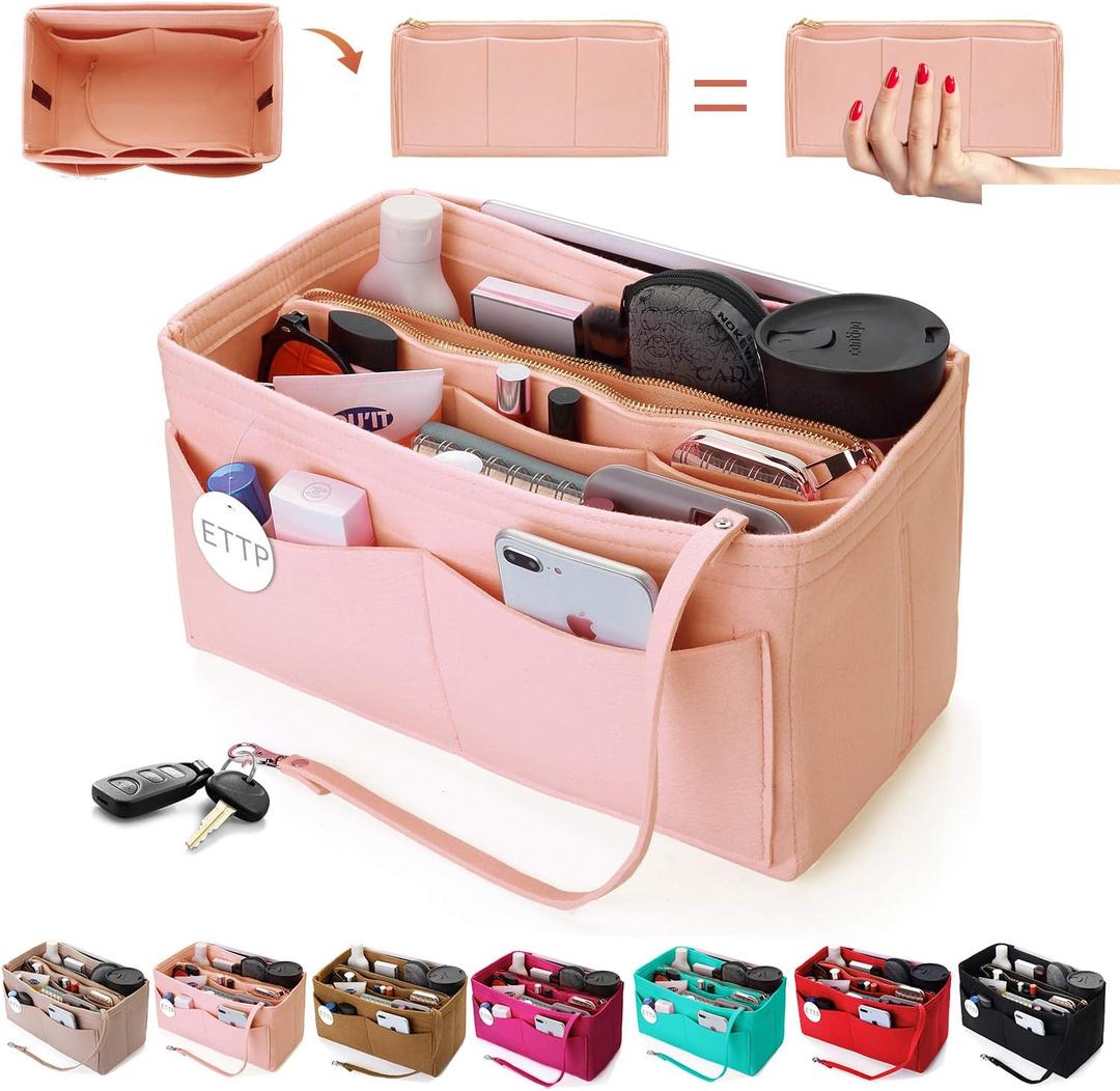 Purse Organizer Insert, Felt Tote Organizer Insert With Metal Zipper, Handbag Organizer For Speedy, Neverfull, Tote, Handbag, 7 Colors 5 Sizes (Medium, Brush Pink)