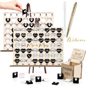 54 Pcs Fun Wedding Guest Book Alternative Set Four in a Row Game for Reception, with Mr & Mrs Wooden Heart Sign Guest Book for Wedding Party Games Ideas, Bridal Shower, Engagement, Anniversary Unique