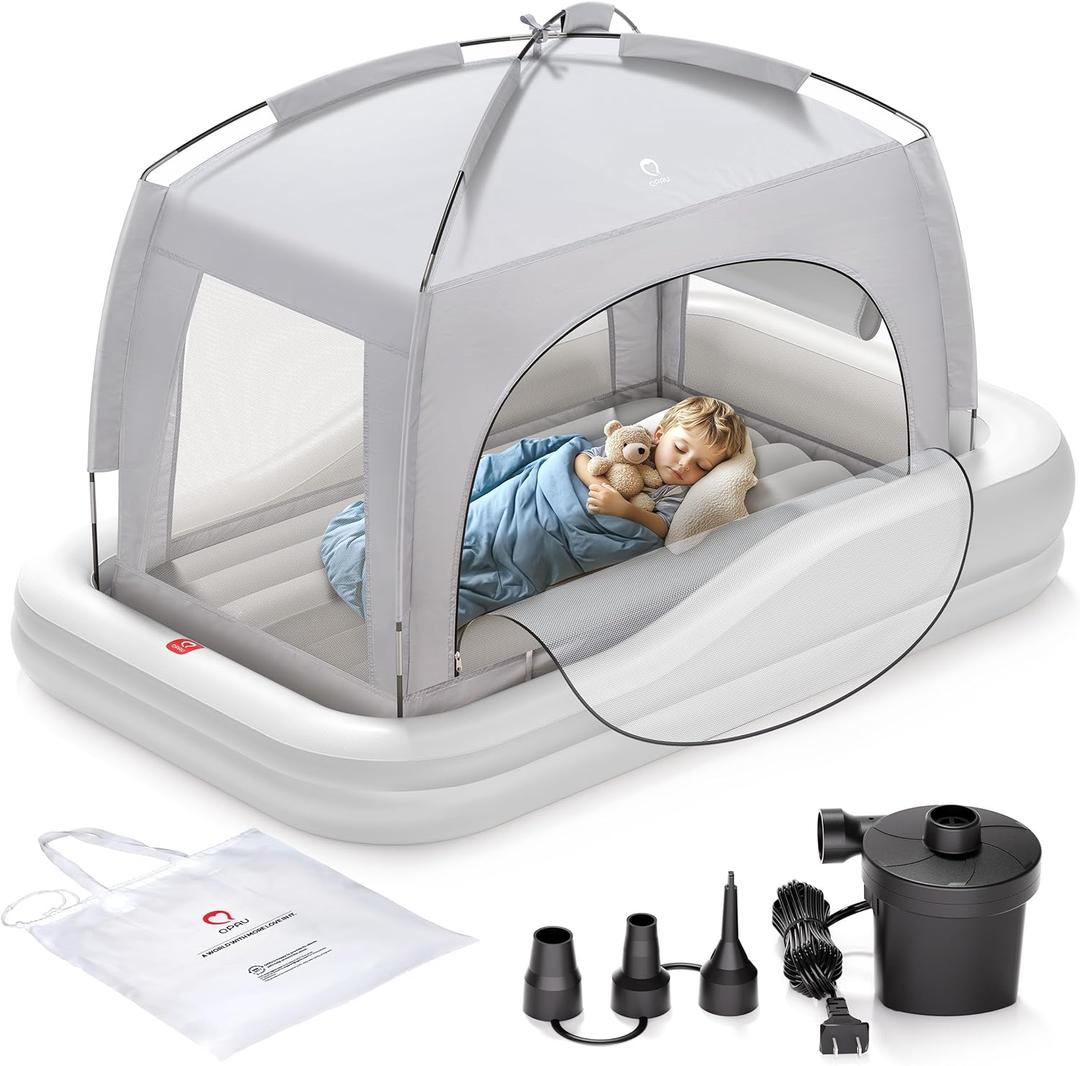 QPAU Inflatable Toddler Travel Bed with Tent, Portable Kids Air Mattress with Safety Sides, Ideal for Home, Grandma's, Camping, Traveling -Includes Fast Electric Pump (Grey)