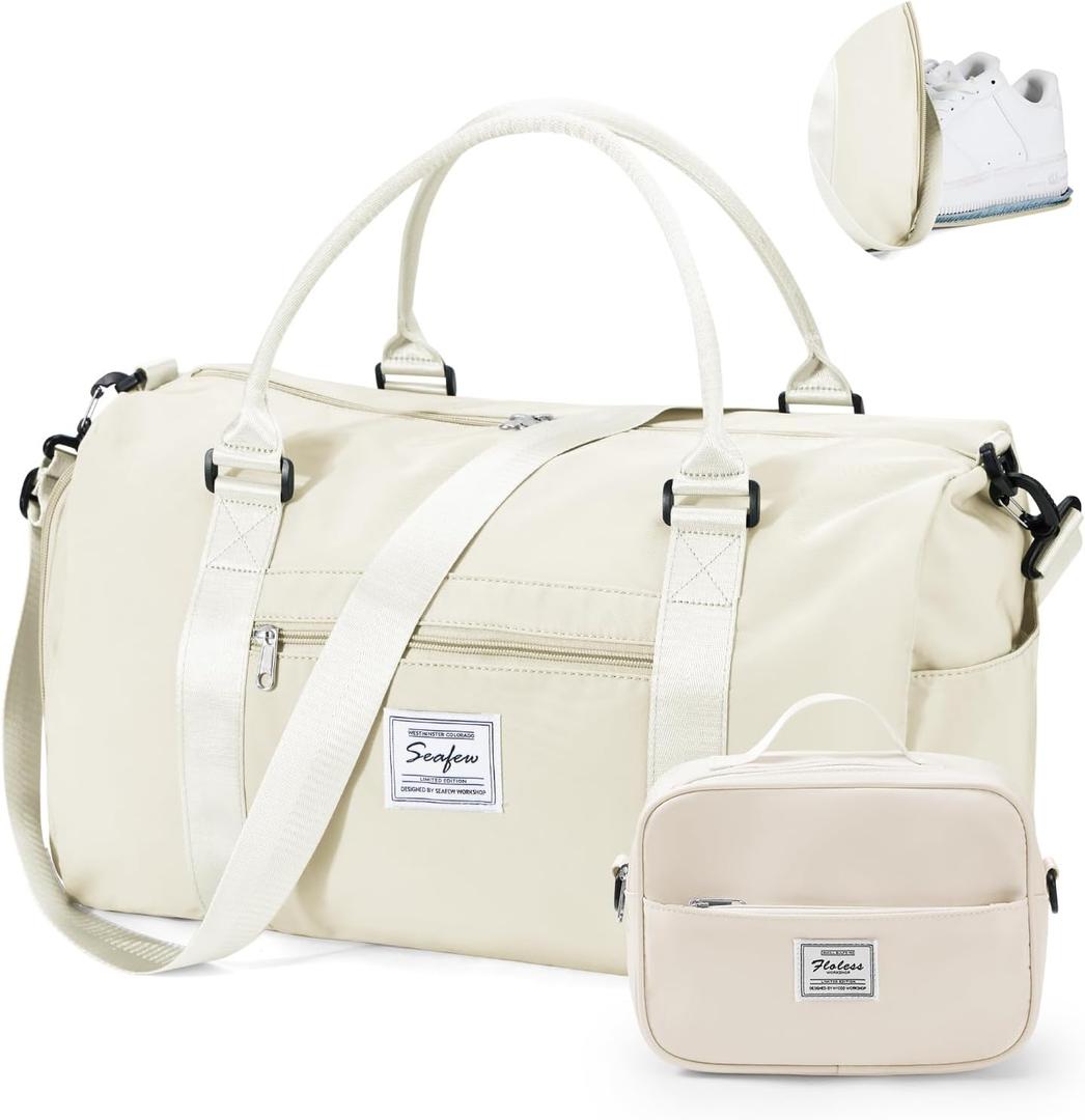 Gym Bag Womens with Shoes Compartment Travel Duffel Bag Cream White, Large