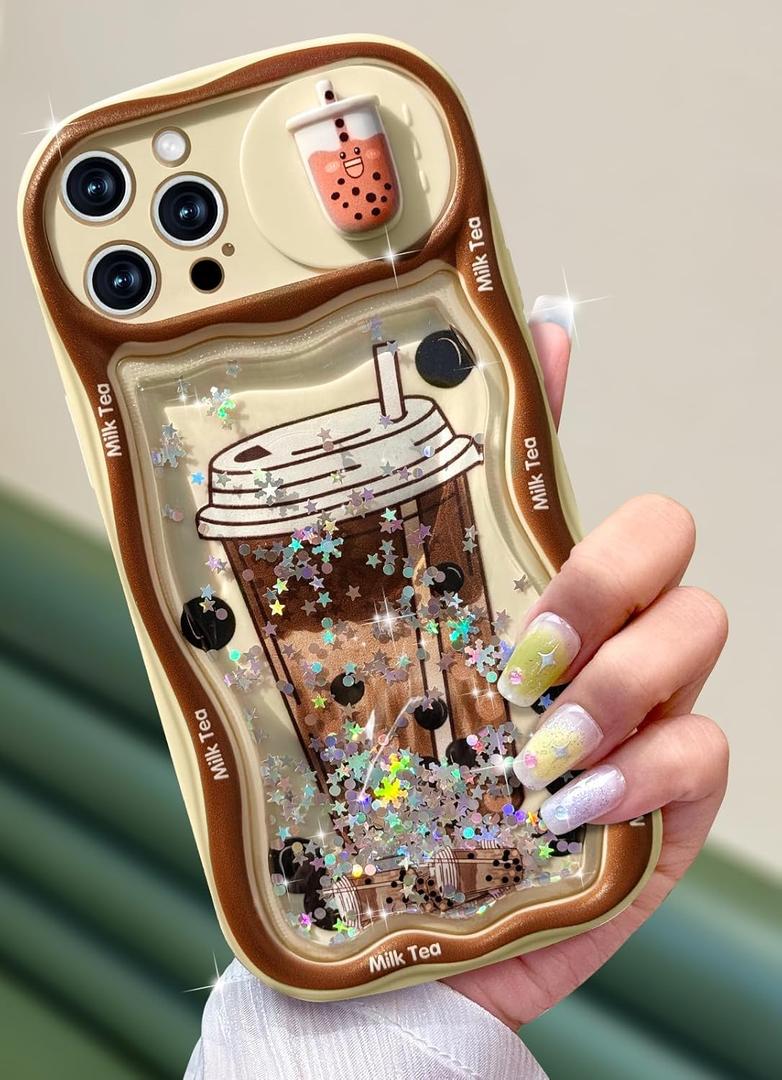 Toycamp for iPhone 14 Pro Max Case - Women Girls Cute Cover Boba Milk Tea with Sliding Camera Cover Girly Bling Glitter Kawaii Design Flowing Liquid Quicksand Phone Case for iPhone 14 Pro Max 6.7 "
