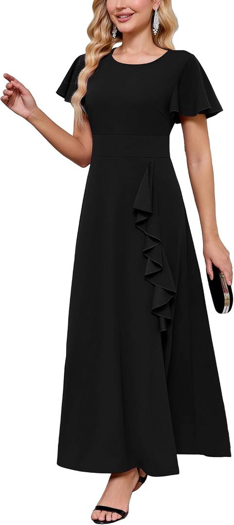 Women's Modest Formal Dresses with Knee Length Side Slit A Line Ruffle Maxi Evening Gowns Short Sleeve for Wedding Guests (Black, M)