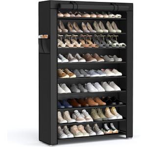 SONGMICS Shoe Rack with Non-Woven Fabric Cover, 9 Tier Storage Shelf for 40-50 Pairs of Shoes, Entryway, Suitable for Sneakers, High Heels, Flats, and Boots, Black URXJ36HV1 (9 Tiers (34.6"W))