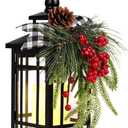 Metal Christmas Decorative Candle Lantern with Led Light,Plaid Ribbon,Lighted Hanging Vintage Lanterns for Home Decor Table Fireplace Porch Indoor Outdoor Decorations,Serpro