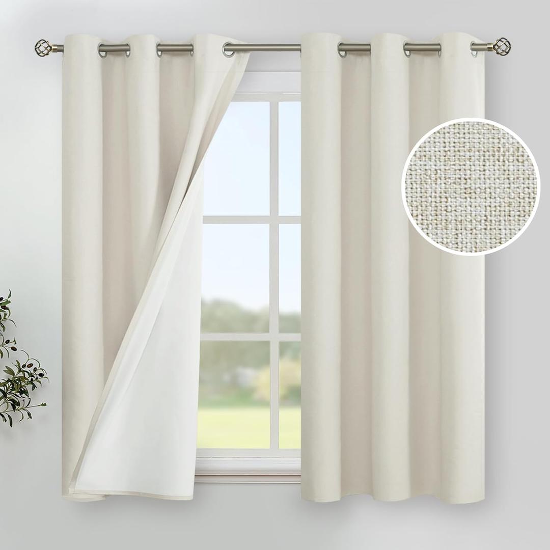 YoungsTex Short Linen Blackout Curtains 45 Inch Length for Bedroom, Ivory Thermal Insulated Window Drapes Full Room Darkening with Grommet White Liner for Kitchen Living Room, 2 Panels, 42 X 45 Inch