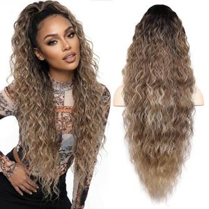 ZQIAN BEAUTY 30 Inch Ponytail Extension, Clip on Ponytails for Women, Long Curly Wavy Ponytail Extensions for Women, Synthetic Layered Pony Tails Hair Extensions (Color: Ombre Black Brown Mix Blonde)