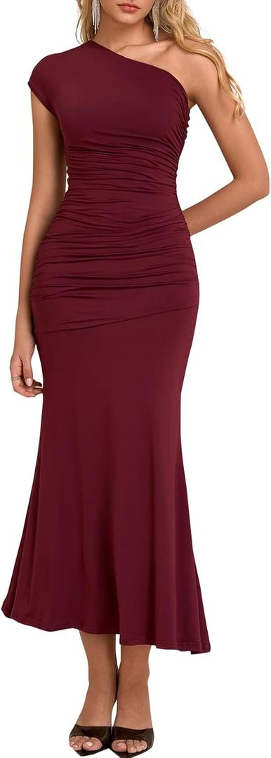 Summer One Shoulder Wedding Guest Dresses for Women Elegant Long Formal Bodycon Ruched Bridesmaid Midi Dress 2026 (S)