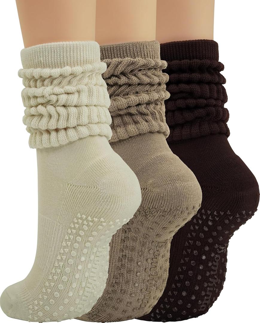 BomKinta Pilates Socks with Grips for Women - Yoga Grippy Slouch Scrunch Sock - Slipper Socks for Barre Workout Hospital (5-11, 3 Pairs - Beige Coffee Brown)