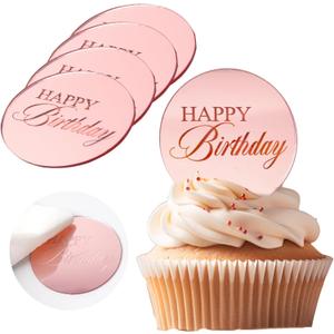 20pcs Pink Mirror Acrylic Cupcake Toppers Acrylic Engraved Cake Picks Cupcake Disc Happy Birthday Cake Decoration Flower Decor Round Shape for Mother's Gift Princess Theme Party Supplies