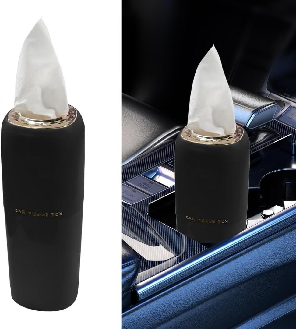 YoRise Car Tissue Holder, Waterproof Plastic Auto Facial Tissues Cylinder Box, Portable Paper Towel Tube Container for Travel, Vehicle Napkin Organizer for Car Cup Holder, Home, Office (Black)