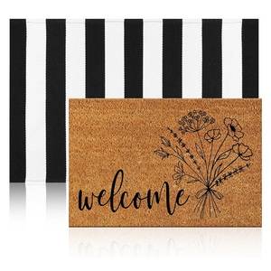 Duraaamo 2 Pcs Spring Coir Doormat Outdoor Flower Welcome Outdoor Rug Front Porch Mats Layered Black and White Stripe Rugs for Spring Front Porch Entryway Decor, Simple Flowers