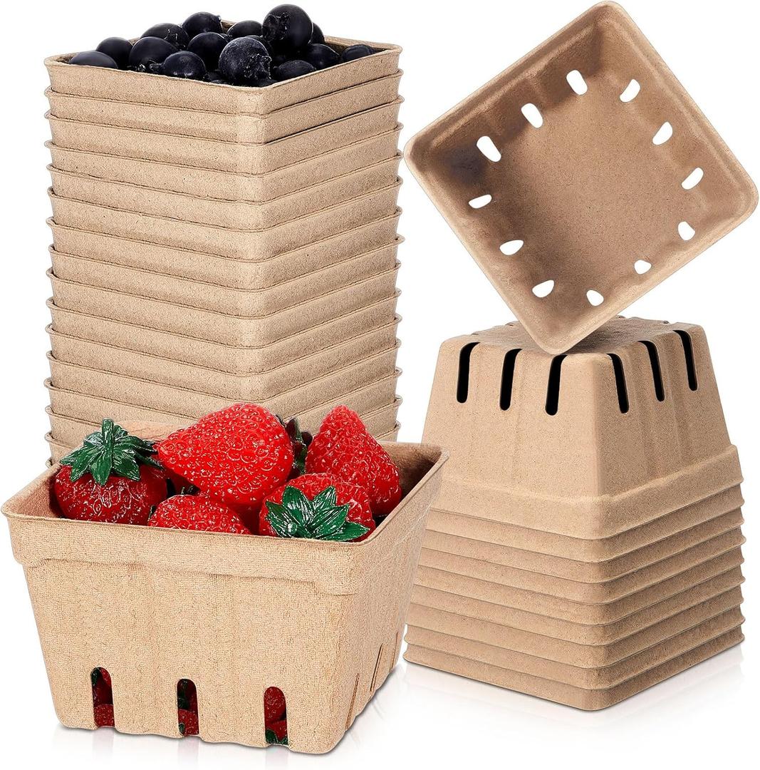 20 Pack Berry Basket Natural Pulp Fiber, Molded Strawberry Basket Produce Vented Container for Fruit and Vegetable, Farmer Market, Grocery Store, Backyard Party Favors (1 Pint)