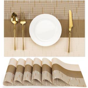 Placemats Set of 6, Vinyl Woven Place Mats Indoor Set of 6 Washable Wipeable PVC Table Mats Heat-Resistant Non Slip Placemat for Kitchen Dining Outdoor Table (Beige Light Brown, Set of 6)
