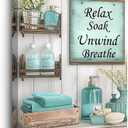 BJYCHG Teal Bathroom Wall Art Turquoise Wall Decor Rustic Bathroom Signs Canvas Prints Farmhouse Flowers Bottles Painting Picture Toilet Decor Framed (Teal, 24L x 16W)