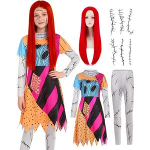 Kids Christmas Nightmare Costume Girls Halloween Costumes Long Sleeve Dress with Patch Movie Character Cosplay Outfit (3-4 Years, Multi-color)