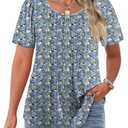 IN'VOLAND Plus Size Womens Tunic Tops Short Sleeve Crew Neck Pleated T Shirts Loose Dressy Casual Blouses 5X Floral Blue
