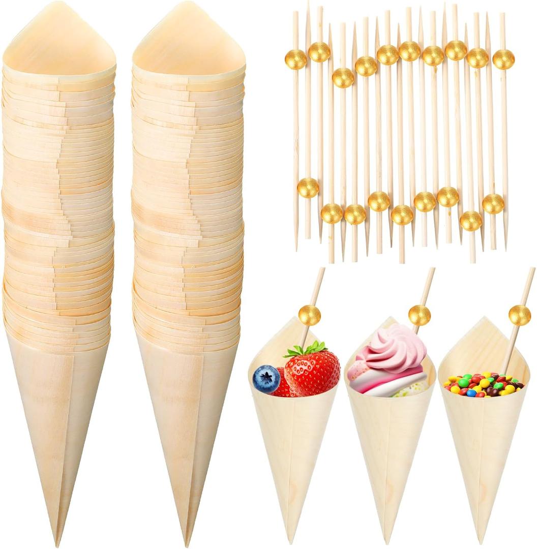 Queekay 200 Pcs Disposable Wood Charcuterie Cones
Wooden Food Ice Cream Cone with Bamboo Pearl Cocktail Picks for Wedding Birthday Party Appetizer Serving