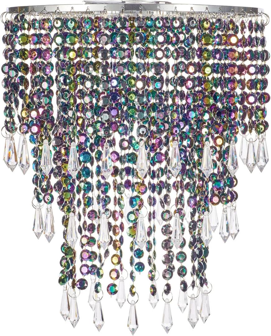 Waneway Acrylic Chandelier Shade, Ceiling Light Shade Beaded Pendant Lampshade with Crystal Beads and Chrome Frame for Bedroom, Wedding or Party Decoration, Diameter 8.7 inches, 3 Tiers, Multicolor