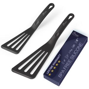 HOTEC 600 Heat Resistant Silicone Slotted Fish Turner Spatula Set, BPA Free Flipper Cooking Spatulas, for Non Stick Cookware Dishwasher Safe, Black