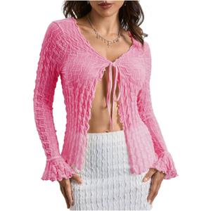 Milumia Women's Y2K Textured Lettuce Trim Tie Front Cardigan Long Sleeve Sheer Shrug Top Cover Ups Pink, X-Large