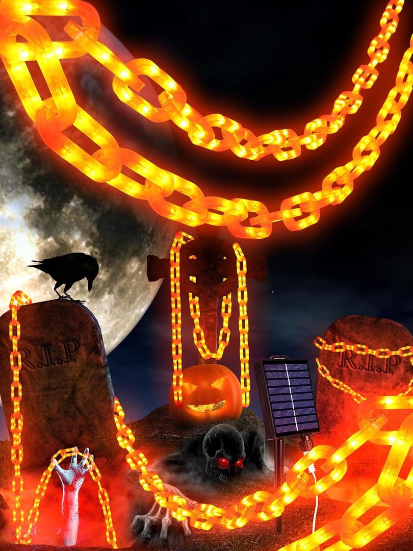 Flacchi Solar Halloween Decorations Outdoor String Lights - 10 Ft 160 LED Plastic Chain String Lights with Waterproof, 8 Lighting Modes Function US Patent Product (Orange)