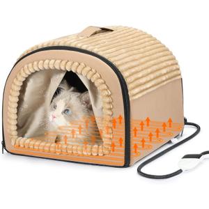 Smart Heated Cat Bed Cave Pet House for Indoor Cats & Small Dogs, Washable & Foldable with Removable Cushion, 17.72x14.96x12.6 inches, Brown