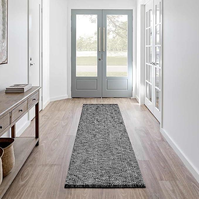 LEEVAN Washable Runner - 2'x5', Black Hallway Runner, Hand-Woven Reversible Entryway Rug, Cotton Modern Bedroom & Bathroom Rug, Soft Laundry & Kitchen Sink Foyer, Blacl/Cream