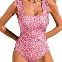 Ekouaer Women's One Piece Swimsuits Square Neck Tummy Control Bathing Suit with Adjustable Ruffled Straps Swimwear, A- Pink Floral, Large