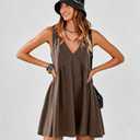 Womens Babydoll Dress Summer Sleeveless Mini Dress Casual Loose V Neck Swing Flowy Beach Sundresses with Pockets (Brown, XL)