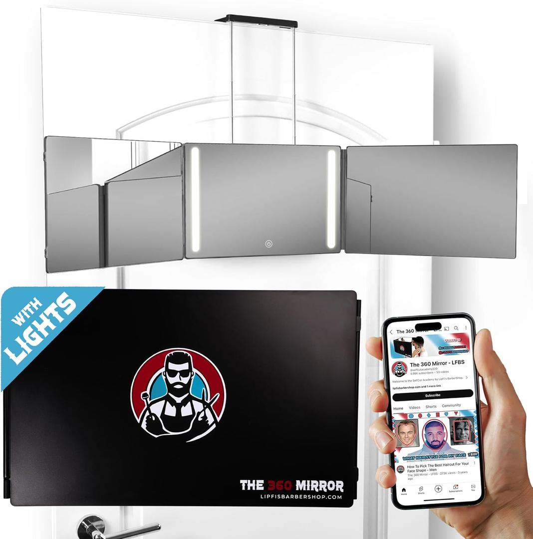 The 360 Mirror - 3 Way Mirror for Self Hair Cutting - Adjustable Trifold Barber Mirro to Cut Your Own Hair - Tri Fold Self Haircut System for Men - Three Sided Mirro for Haircuts (With LED)