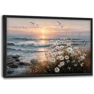 Large Beach Sunset Wall Art Canvas for Living Room Big Coastal Daisy Pictures Wall Decor Seaside Landscape Painting Pictures Artwork Decorations for Bedroom Dining Room Office 24" X 36"