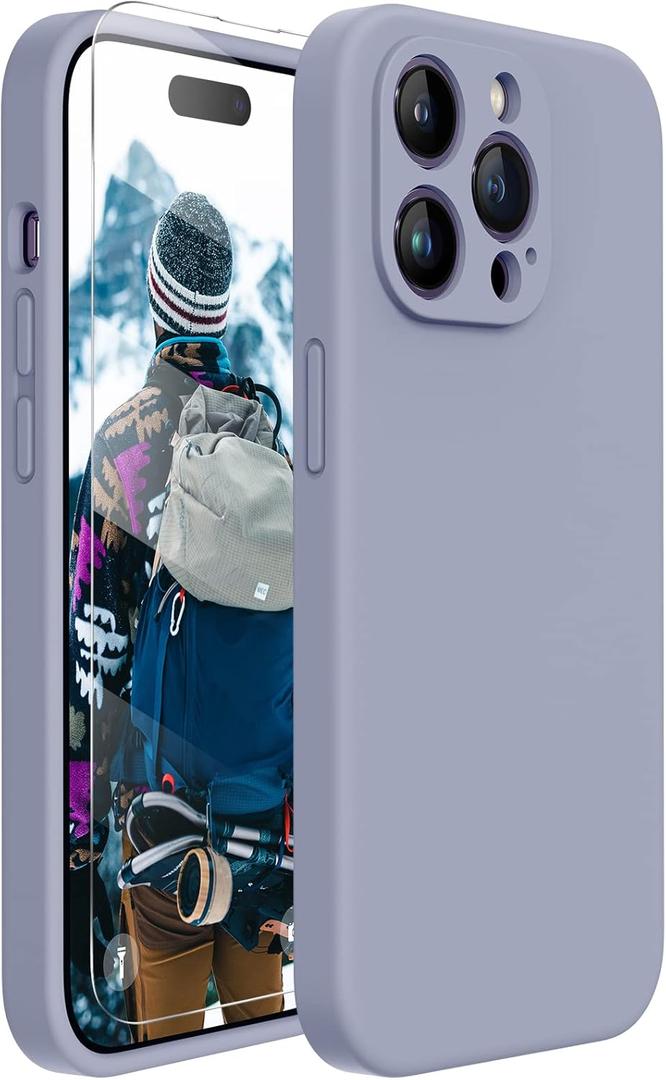 Miracase Designed for iPhone 14 Pro Max Phone Case with Screen Protector,[Upgraded Enhanced Camera Protection],Shockproof Liquid Silicone Case with Microfiber Lining,6.7 inch, Lavender Gray