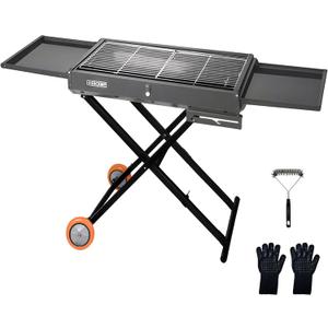Dual-purpose Outdoor BBQ Charcoal Grill with Side Table, Foldable Cart Table with Wheels for Outdoor Backyard, Patio and Parties (Dustproof Gray)