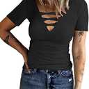 HERILIOS Women Casual Short Sleeve Tunic Tops V-Neck T Shirts Criss Cross Ribbed Slim Fitted Blouse, Size XL