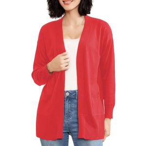 Women's Open Front Cardigan with Pockets Long Sleeve Solid Color Lightweight Knit Sweater (Red, S)
