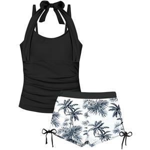 TALLWH Girls Swimsuits Size 14-16 Girl Swimsuit Teen Bathing Suits for Girls 14-16 Halterneck Girls Swimsuit with Printed Shorts Two Piece Girls Tankini Swimsuits Size 14-16 Girls' Swimwear Black