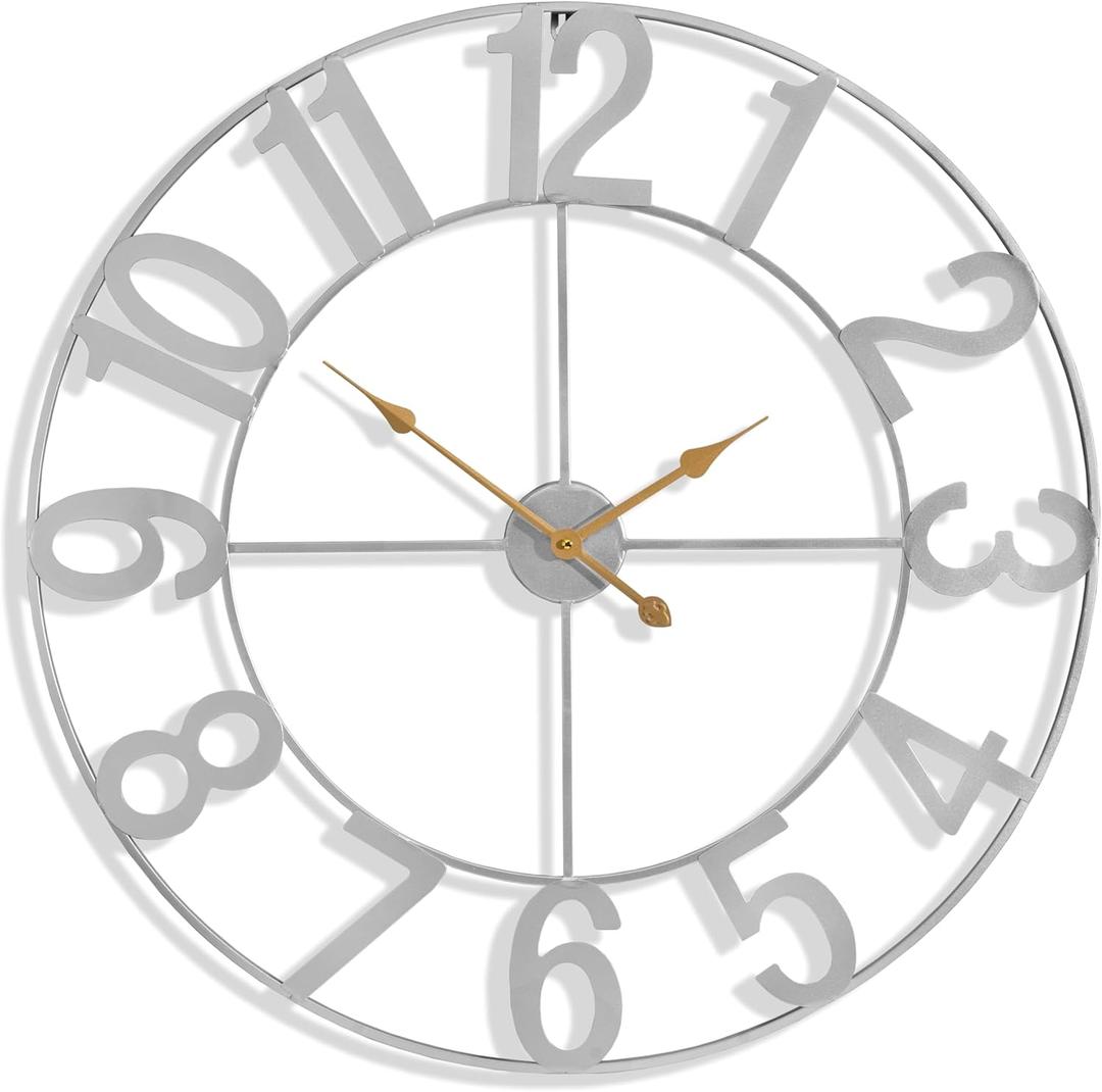 Sorbus Large Wall Clock for Living Room Decor  Easy to Hang 32-Inch Big Wall Clock  Metal Wall Art for Kitchen, Bedroom, Home, Office  Analog Decorative Wall Clock (Silver)