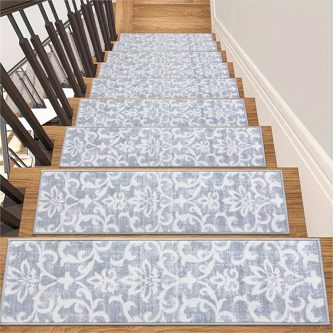 Lahome Carpet Stair Treads Non Slip Backing, 15 Pack 8" X 30" Stair Treads for Wooden Steps Indoor, Soft Washable Stairway Stair Runners Oriental Staircase Rugs for Kids Pets Elders(15pc, Grey)