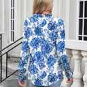 Kistore Long Sleeve Shirts for Women Pleated Cuffs Dressy Business Casual Blouses 2025 Trendy Puff V Neck Tunic Tops (Blue, S)