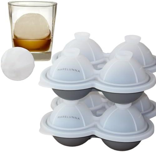 MARELUNNA 2 Ice Ball Maker. Reusable 2.4-Inch Large Round Ice Cube Mold with Lid & Funnel. Premium BPA-Free Silicone, Easy-Release Whiskey Ice Sphere Tray for Cocktails, Bourbon, Scotch & Iced Coffee, Pack of 2