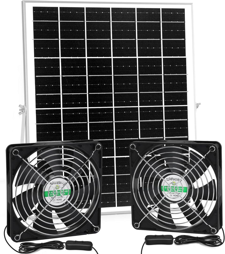 5.5 Inch Solar Powered Fan Kit, 25W Solar Panel with 2 Waterproof Fans for Outside Chicken Coops, Greenhouses, Sheds, Intake or Exhaust Air Fan with 15 FT On/Off Switch Cord