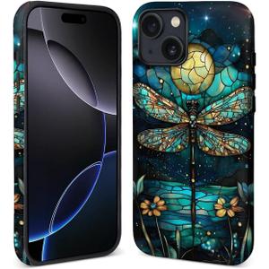 Case for iPhone 15 [Compatible with MagSafe], Matte Soft Silicone + Hard PC Anti-Scratch Shockproof Protective 2-in-1 Compatible with iPhone 15 Case for Women Girls - Stained Glass Dragonfly