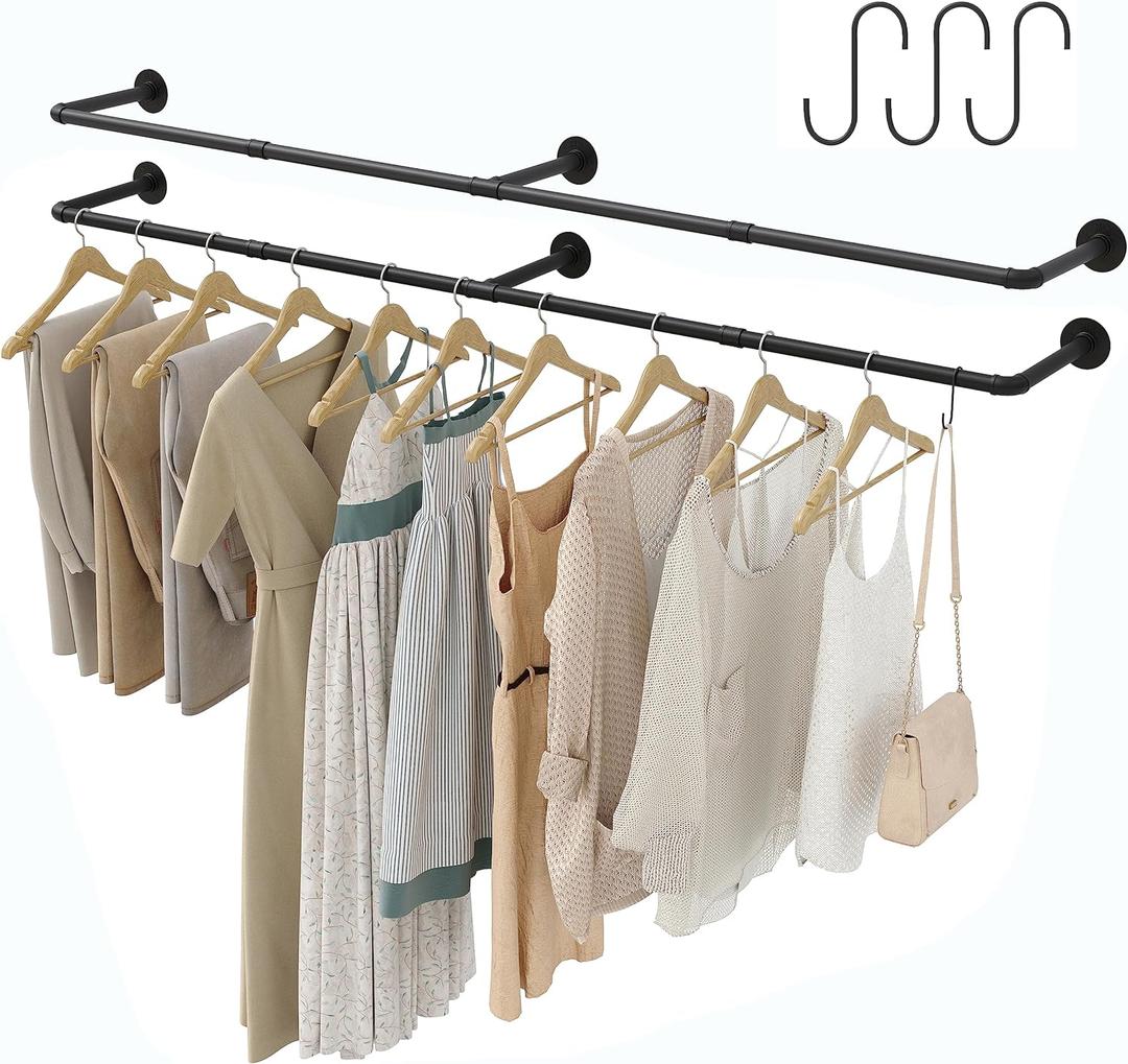 Industrial Pipe Clothes Rack with 3 S-shaped Hooks, 72'L Wall Mounted Garment Rack, Heavy Duty Iron Garment Bar, Clothes Hanging Rod Bar for Laundry Room, Max Load 135Lb Black (2 Package)