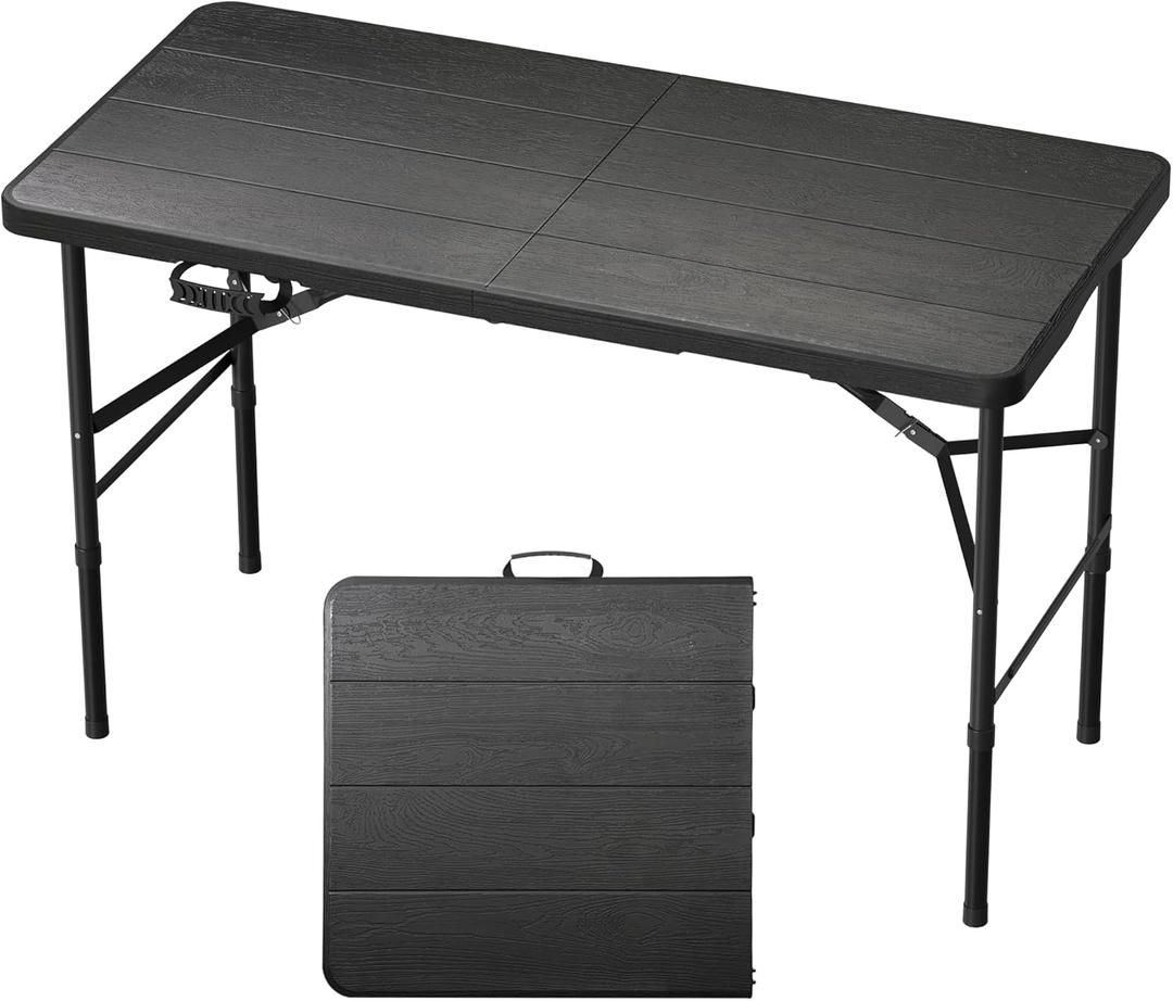 4Ft Folding Table Adjustable Height Portable Folding Tables Heavy Duty 400 lbs Capacity, Wood Grain Tabletop for Working Meeting Parties, Picnic, Camping, Weddings, Garden Dining-Black (4FT)