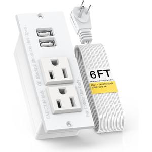 Recessed Outlet Desk Outlets with USB Ports Recessed Power Strip with 2-Socket 2-USB Charging Ports Desktop Power Grommet Charging Station with 6FT Extension Power Cord,Flat Plug (White)