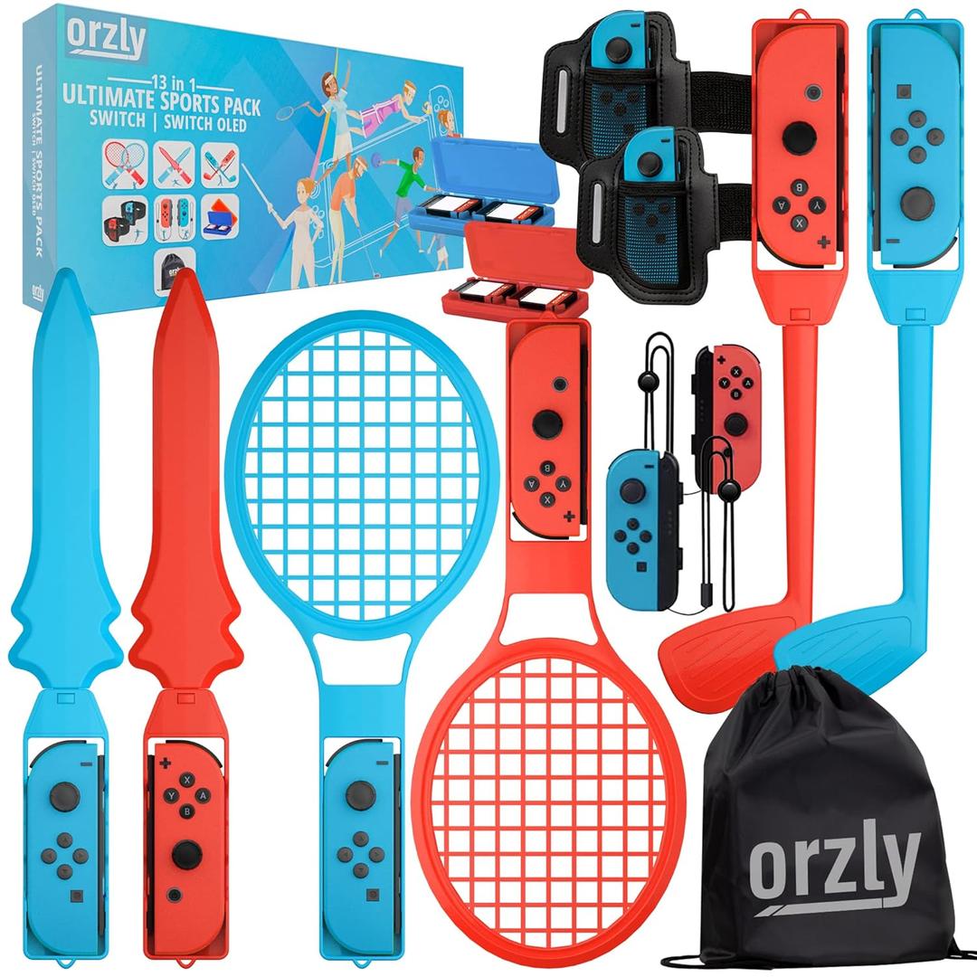 Orzly Switch Sports Games 2024 Accessories Bundle Pack for Nintendo Switch & Switch OLED with Tennis Rackets, Golf Clubs, Chambara Swords, Soccer Leg Straps & Joycon Grips - With Carry Bag (Multicolor)