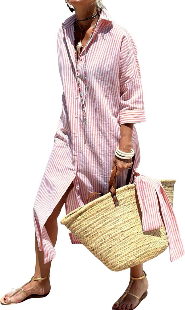 utcoco Womens 2025 Shirt Dress Casual Lapel 3/4 Sleeve Button Down Split Belted Vacation Maxi Dress (Large, Pink Striped)