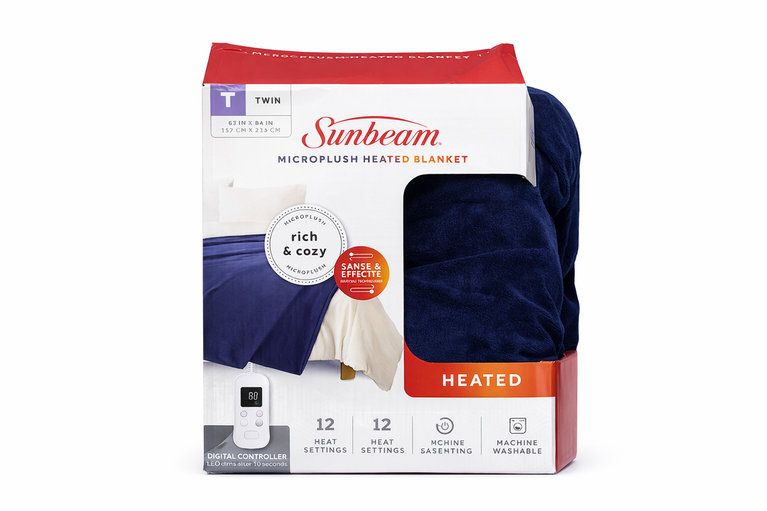 Sunbeam Royal Luxe Night Fog Heated Blanket 12-Heat Settings Auto Off Machine Washable Twin, Blue